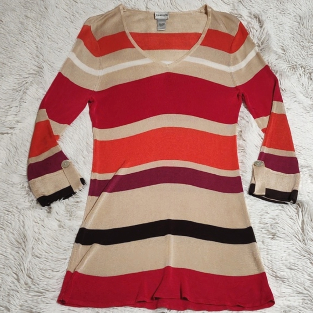 Chico's Silky V-Neck Sweater Bold Stripes Gold Melon Purple ¾-Sleeve Size L/12